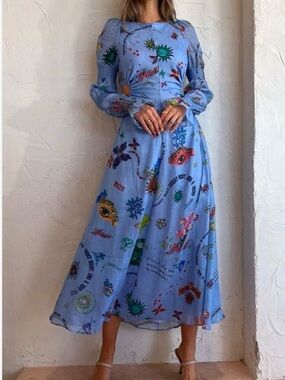Kate Ford Women’s Blue Spring Abstract Printed Long Sleeve Maxi Dress